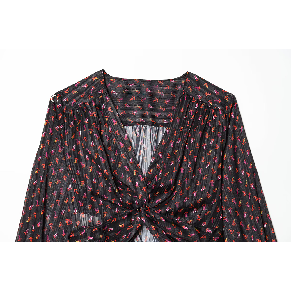 Women's knot decoration V-neck printed top