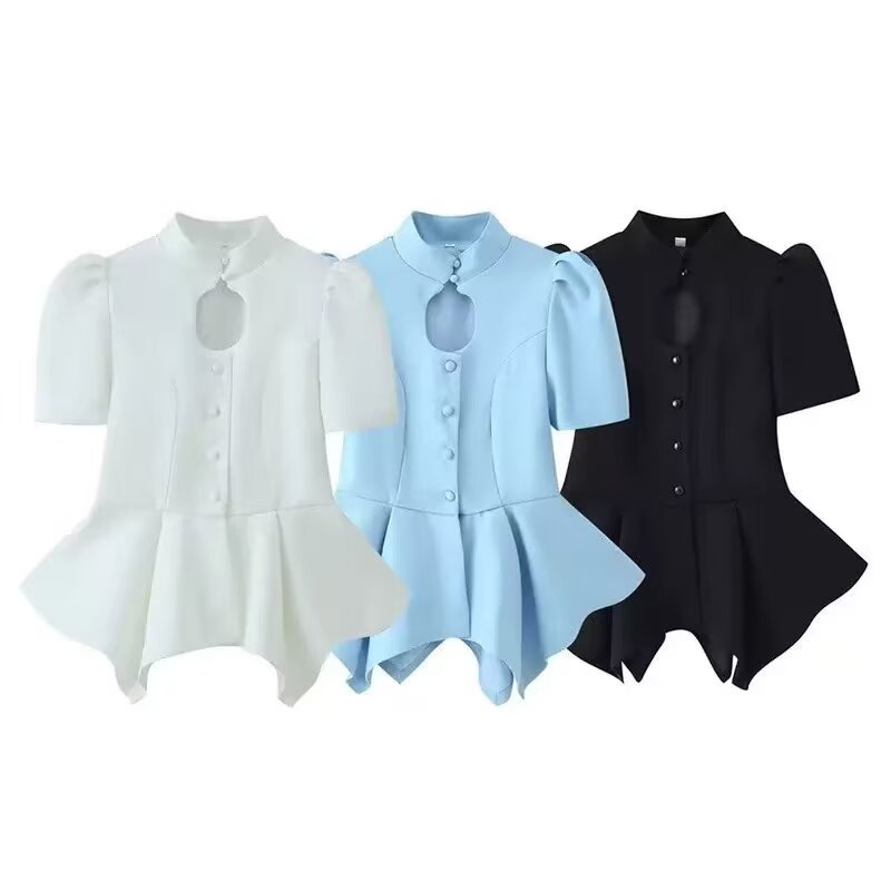Women's hollowed out bubble sleeve waist cinched top