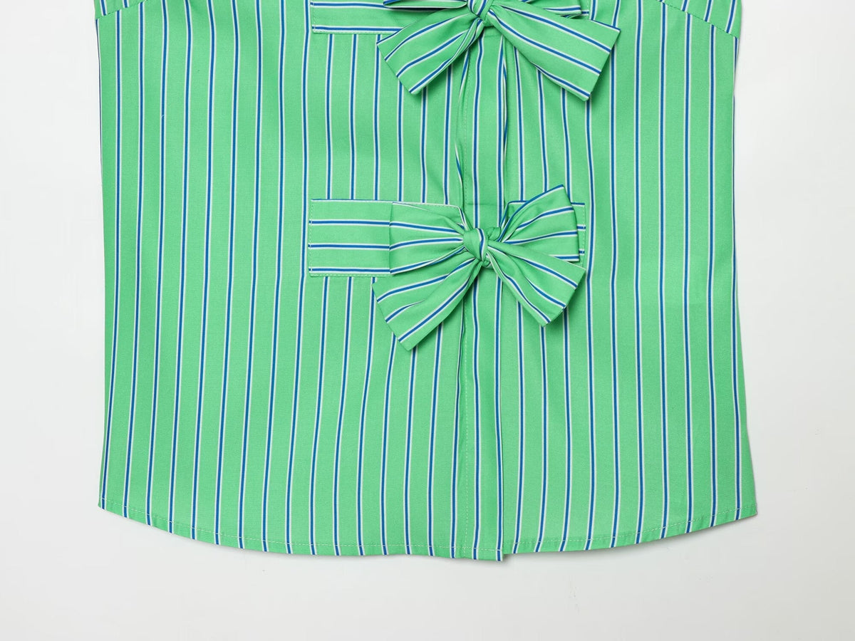 Women's bow decoration striped sleeveless shirt
