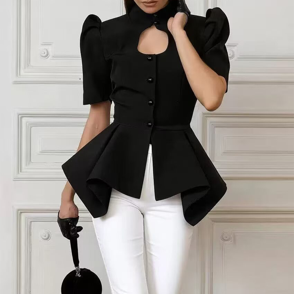 Women's hollowed out bubble sleeve waist cinched top
