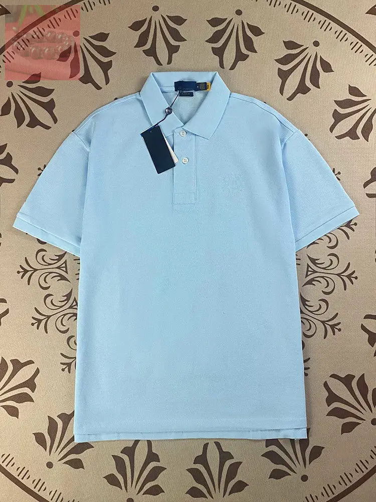 Men’s and women’s new Joker Couple style cotton beaded fabric embroidered POLO shirt - light blue / S