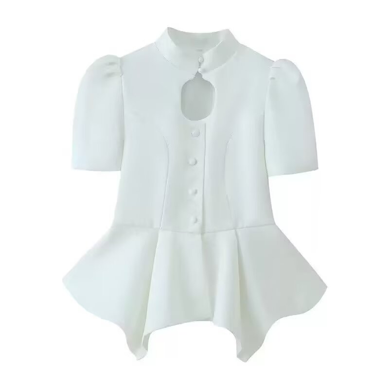 Women's hollowed out bubble sleeve waist cinched top