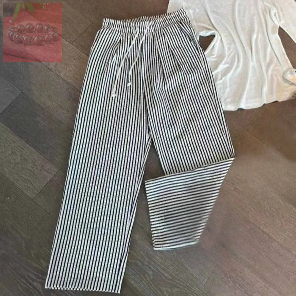 2026 women’s new striped embroidery loose waist drawstring casual straight pants