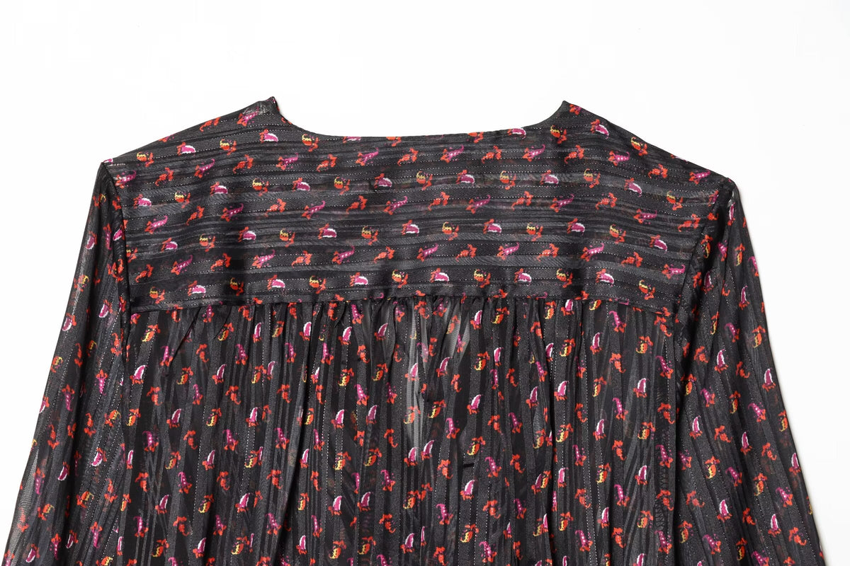 Women's knot decoration V-neck printed top