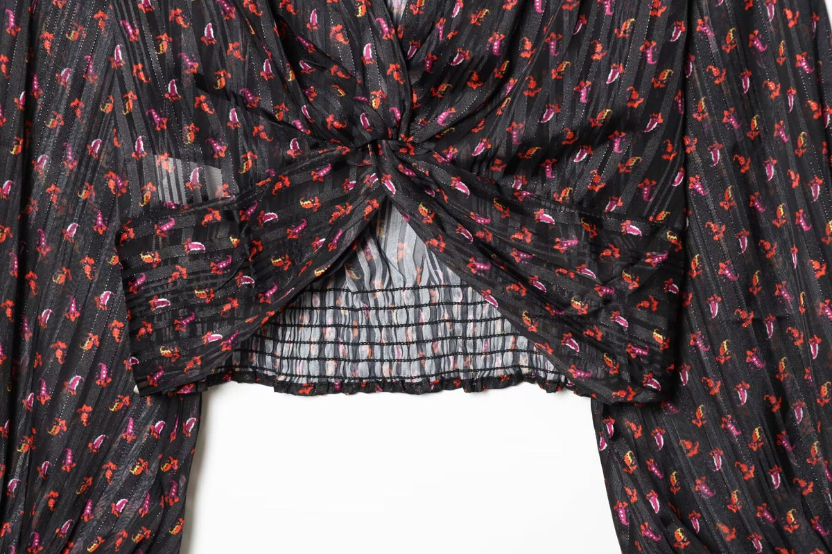 Women's knot decoration V-neck printed top