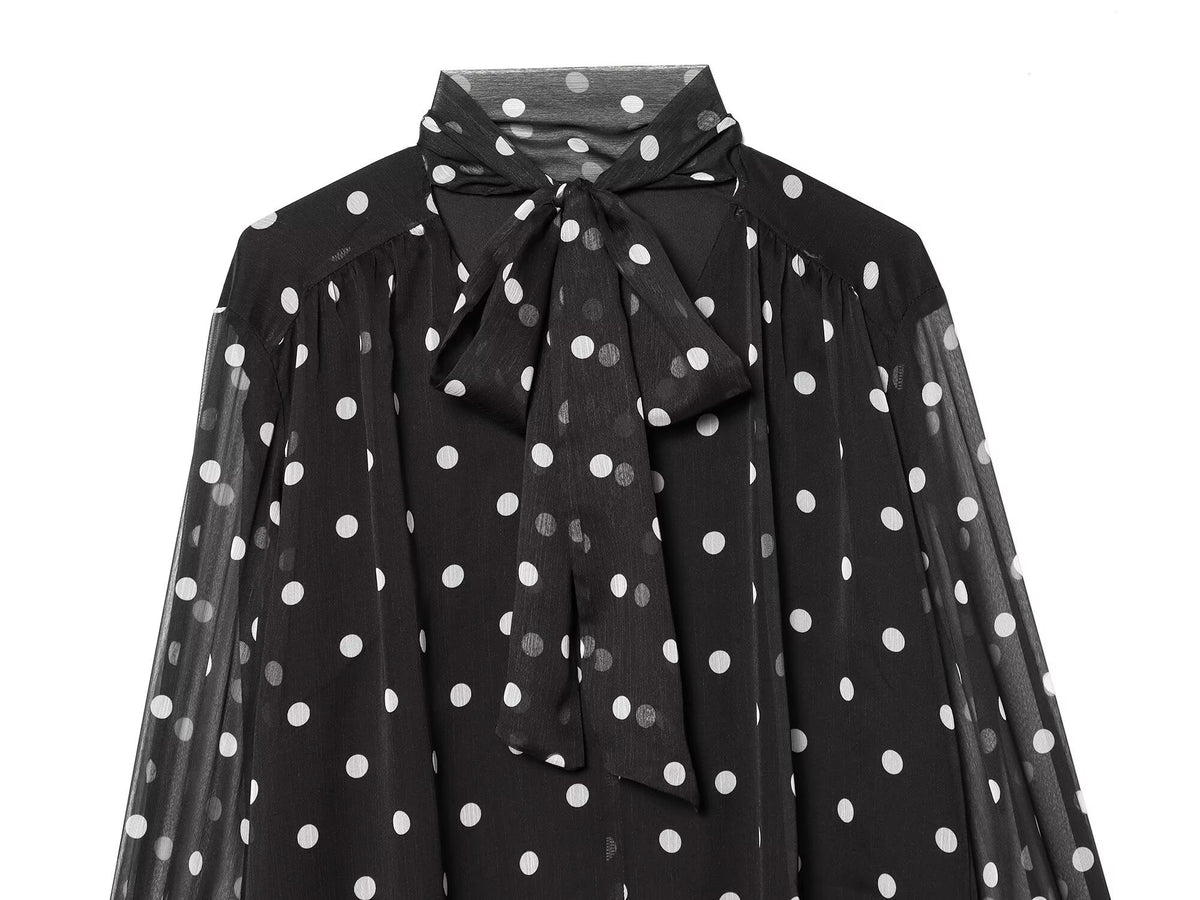 Women's ribbon collar polka dot shirt