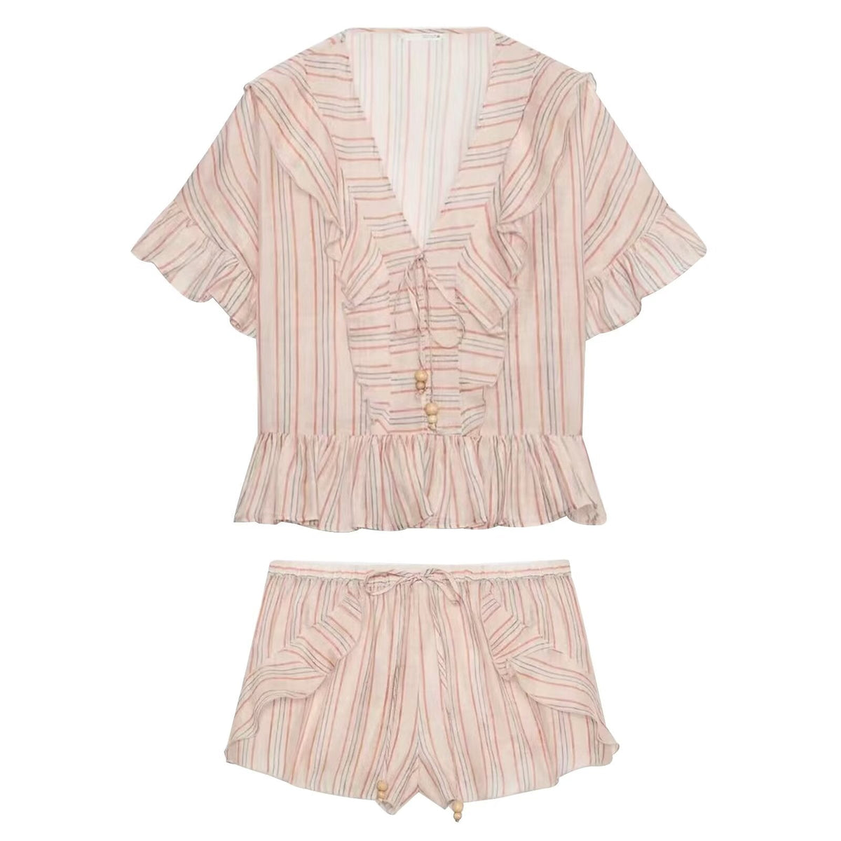 suit Women's 2 pieces striped layered decorative shirt+shorts