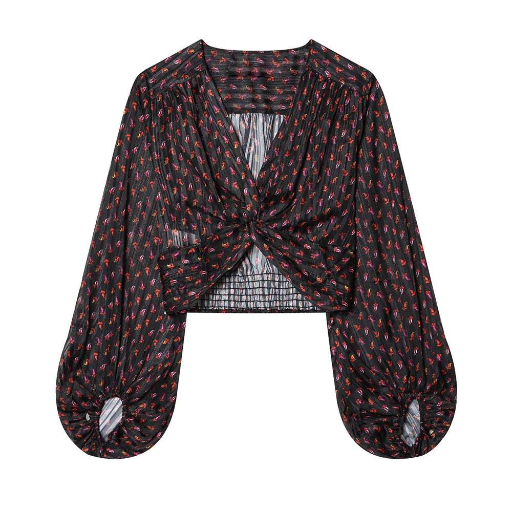 Women's knot decoration V-neck printed top