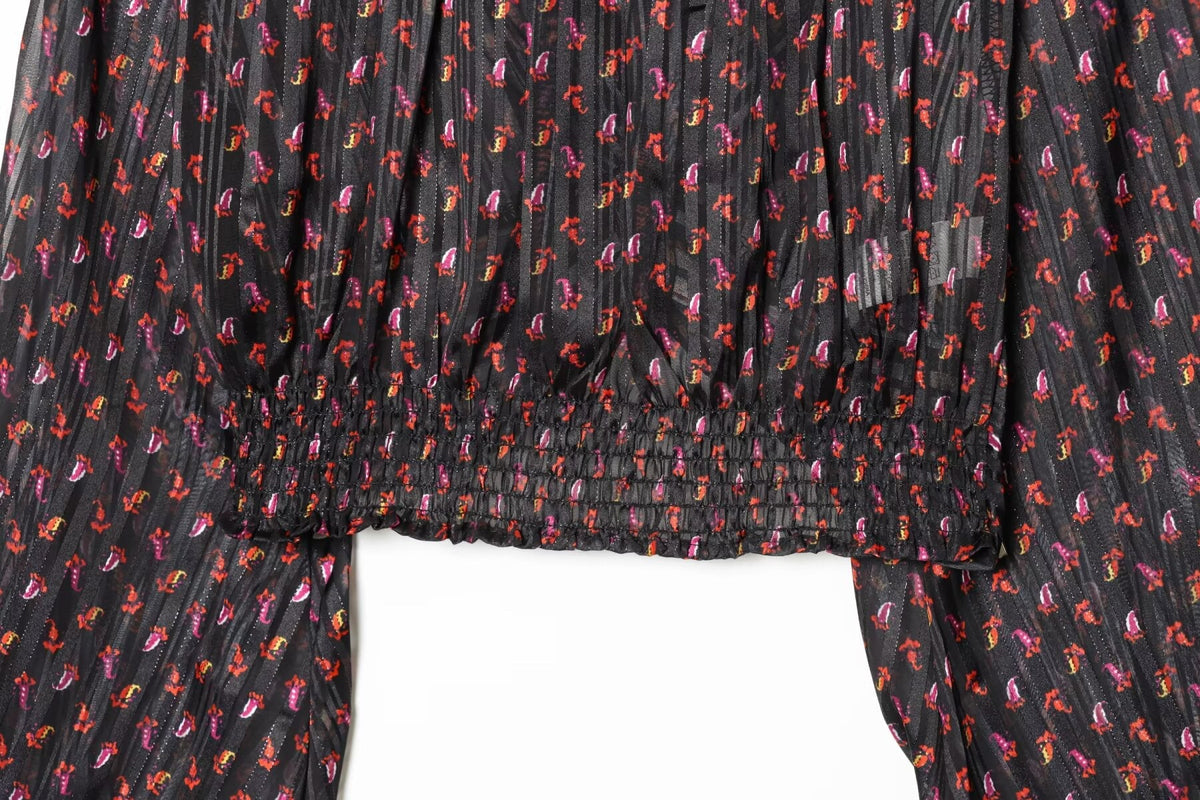 Women's knot decoration V-neck printed top